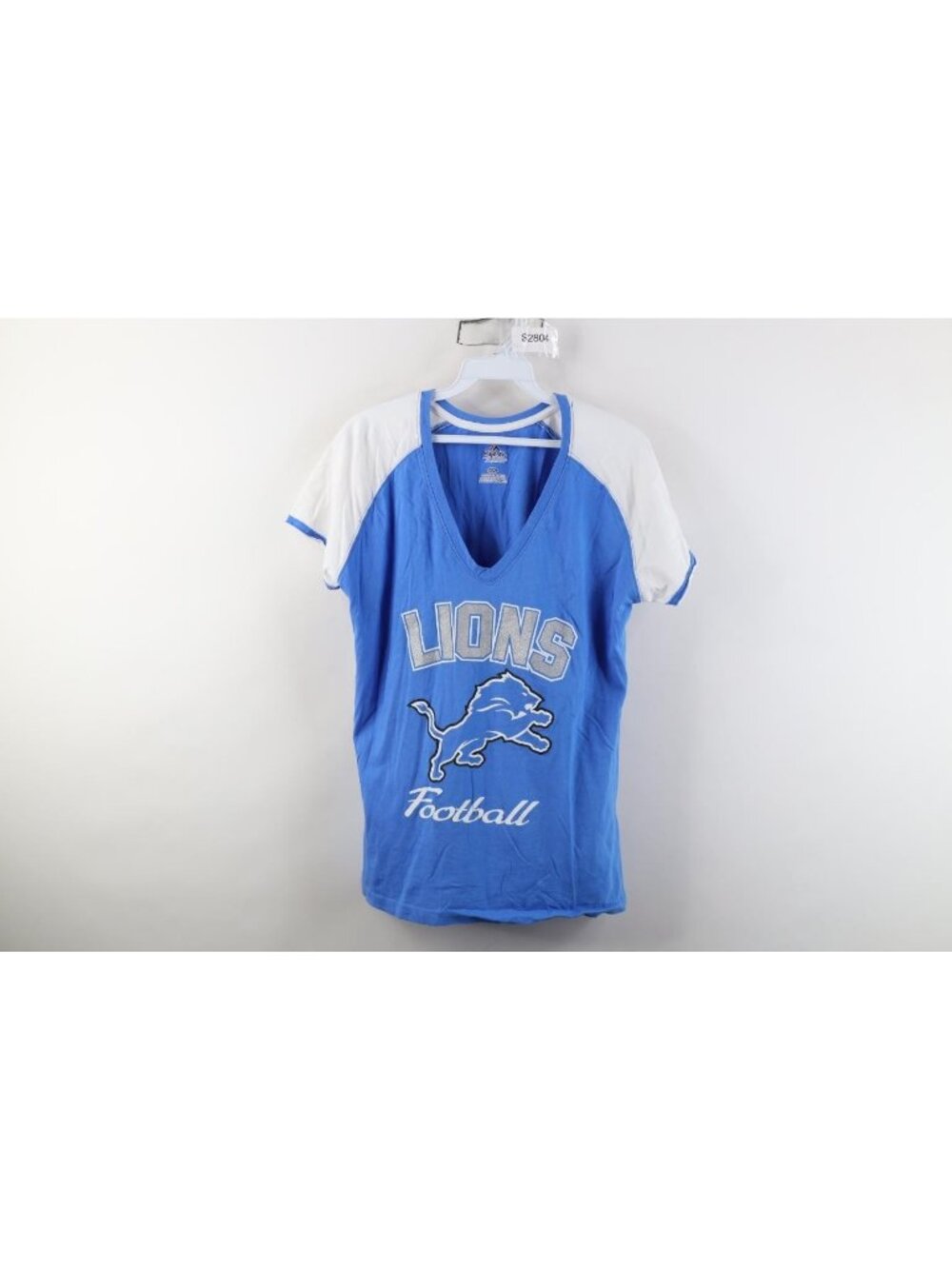 Y2K Majestic Womens Large Spell Out Detroit Lions Football Raglan T-Shirt Blue